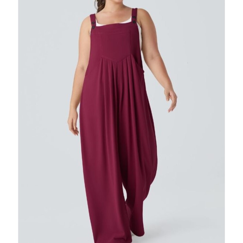 Halara Burgundy Adjustable Strap Pleated Wide Leg Waffle Overalls Plus Size 3X
